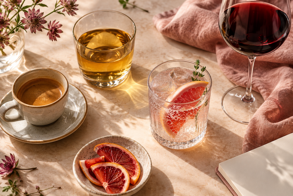 Café, cidre, vin et boisson aux agrumes réunis sur une table